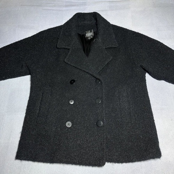 Eileen Fisher Pea Coat‎ Womens M/L Black Double Breasted Wool Boucle Textured - Picture 2 of 10